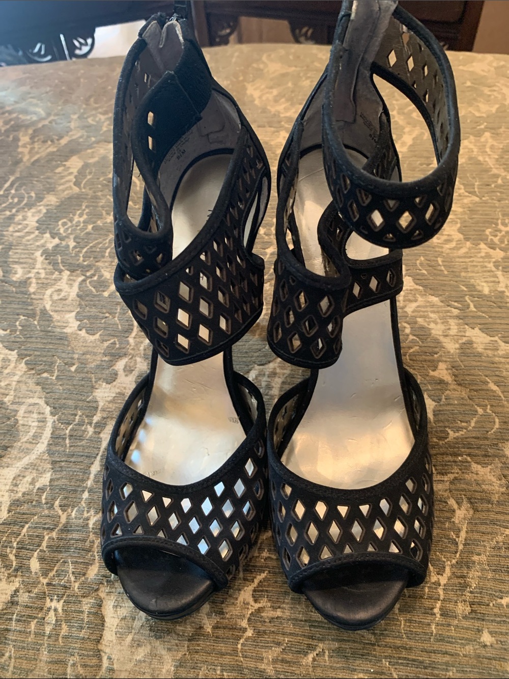 Nine West Black Suede Laser-Cut Open-Toe Ankle-Strap Heels